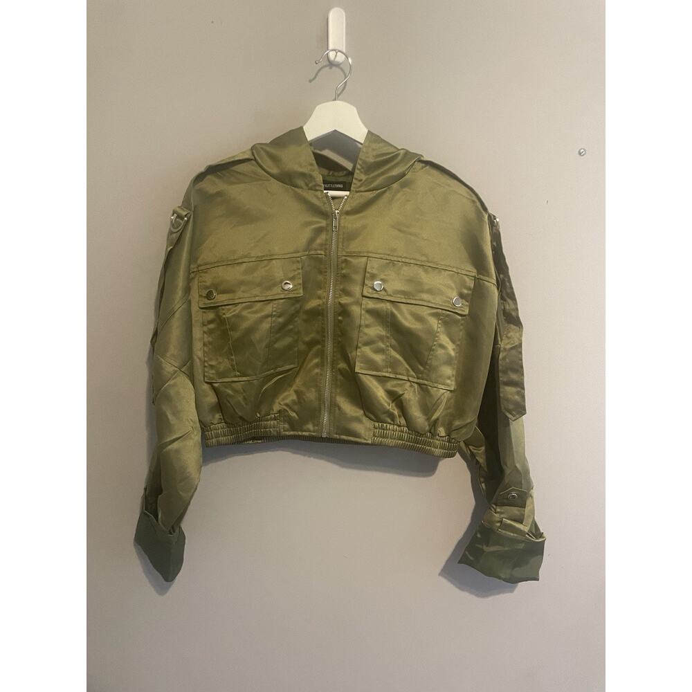 NWT Army Green Cropped Satin Oversized Bomber Jacket‎ US Size 4
